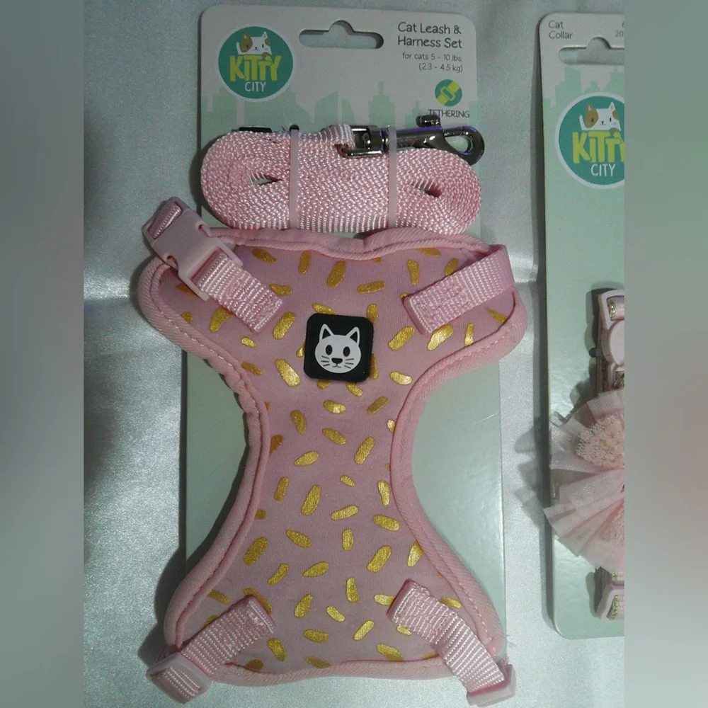 Kitty City Pink Confetti Harness/Leash Set, Collar, Bow Tie, Charm